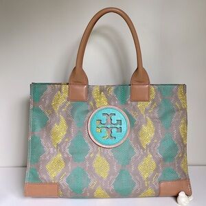 Tory Burch Ella Snake Skin Print Teal/Lime Large Tote